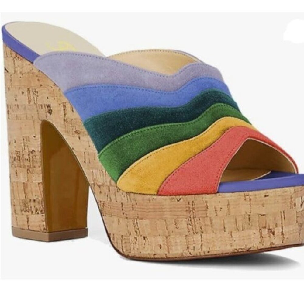 FOWT Summer  Platform Suede 3 in Heeled Mules for Women Peep Open Toe Rainbow